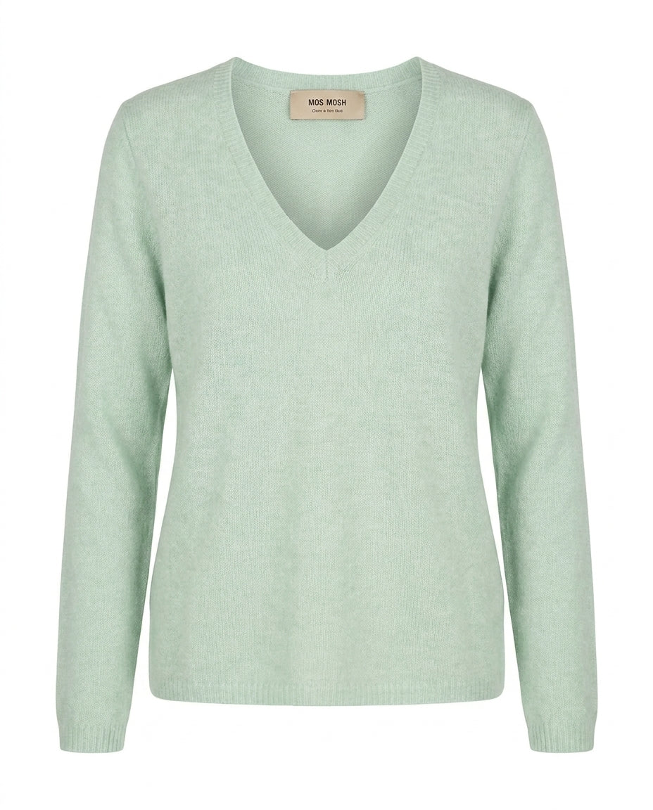 MOS MOSH Mape Sophia light V-neck jumper in Frosty Green, front view