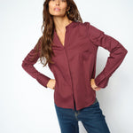 MOS MOSH Matthea fitted shirt in Port Royale with a V-neckline and satin finish, worn by a model