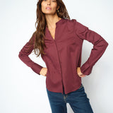 MOS MOSH Matthea fitted shirt in Port Royale with a V-neckline and satin finish, worn by a model