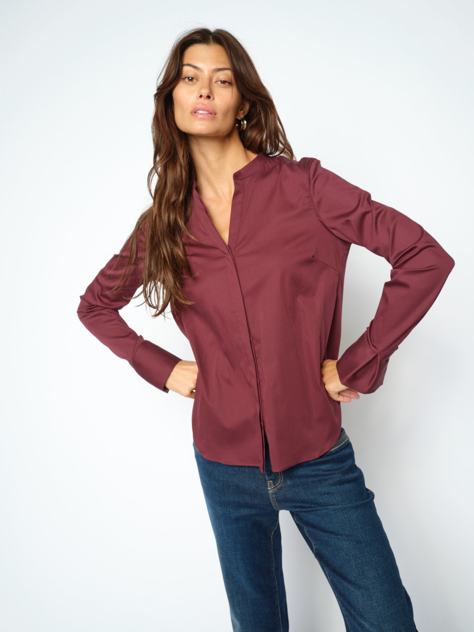MOS MOSH Matthea fitted shirt in Port Royale with a V-neckline and satin finish, worn by a model