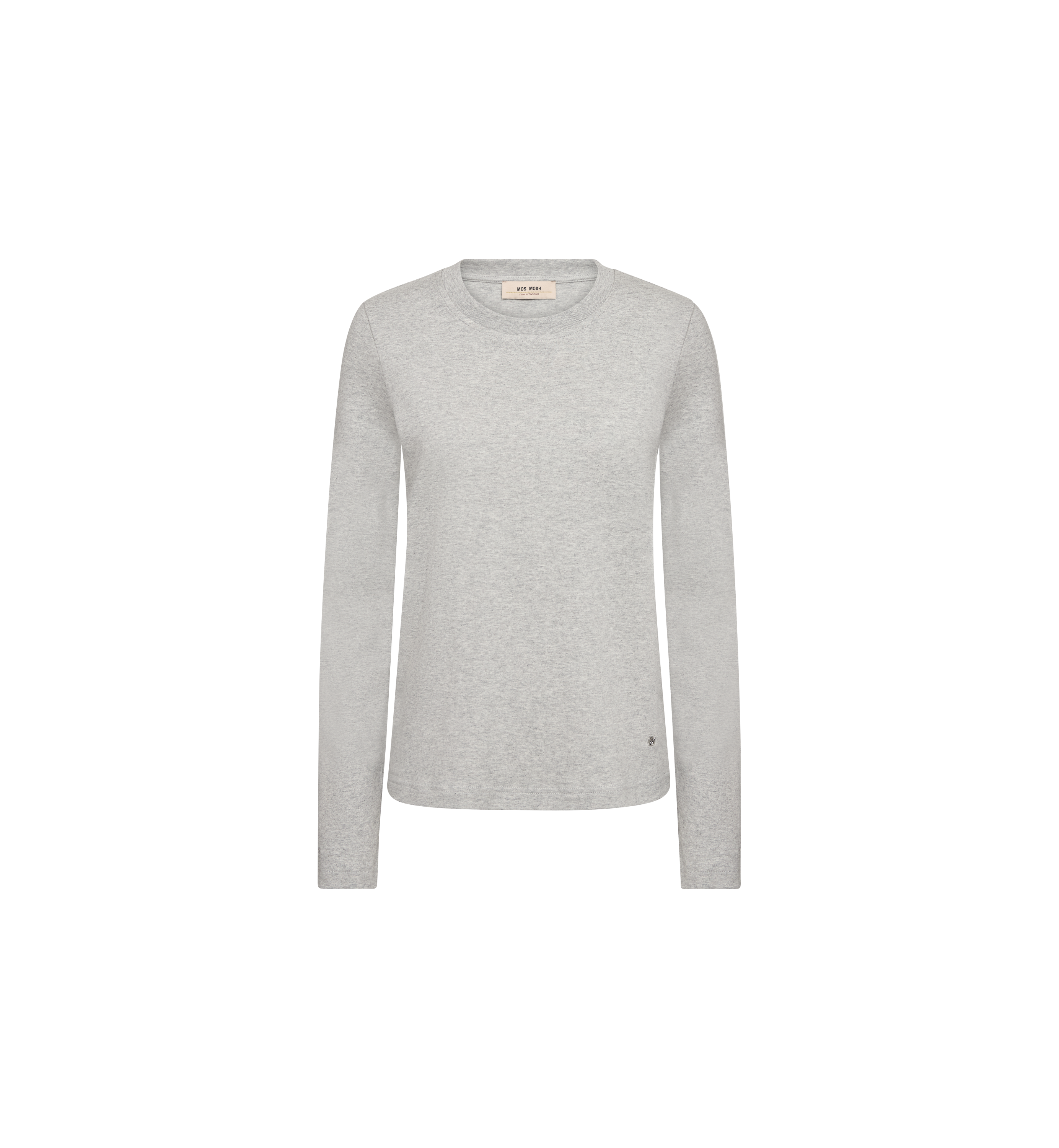 MOS MOSH Millie long-sleeve tee in grey melange with a round neck, front view