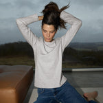 MOS MOSH Millie long-sleeve tee in grey melange with a round neck, worn by a model, front view