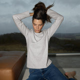 MOS MOSH Millie long-sleeve tee in grey melange with a round neck, worn by a model, front view