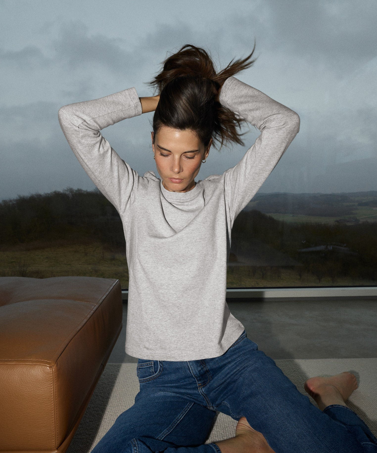 MOS MOSH Millie long-sleeve tee in grey melange with a round neck, worn by a model, front view