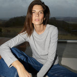 MOS MOSH Millie long-sleeve tee in grey melange with a round neck, worn by a model