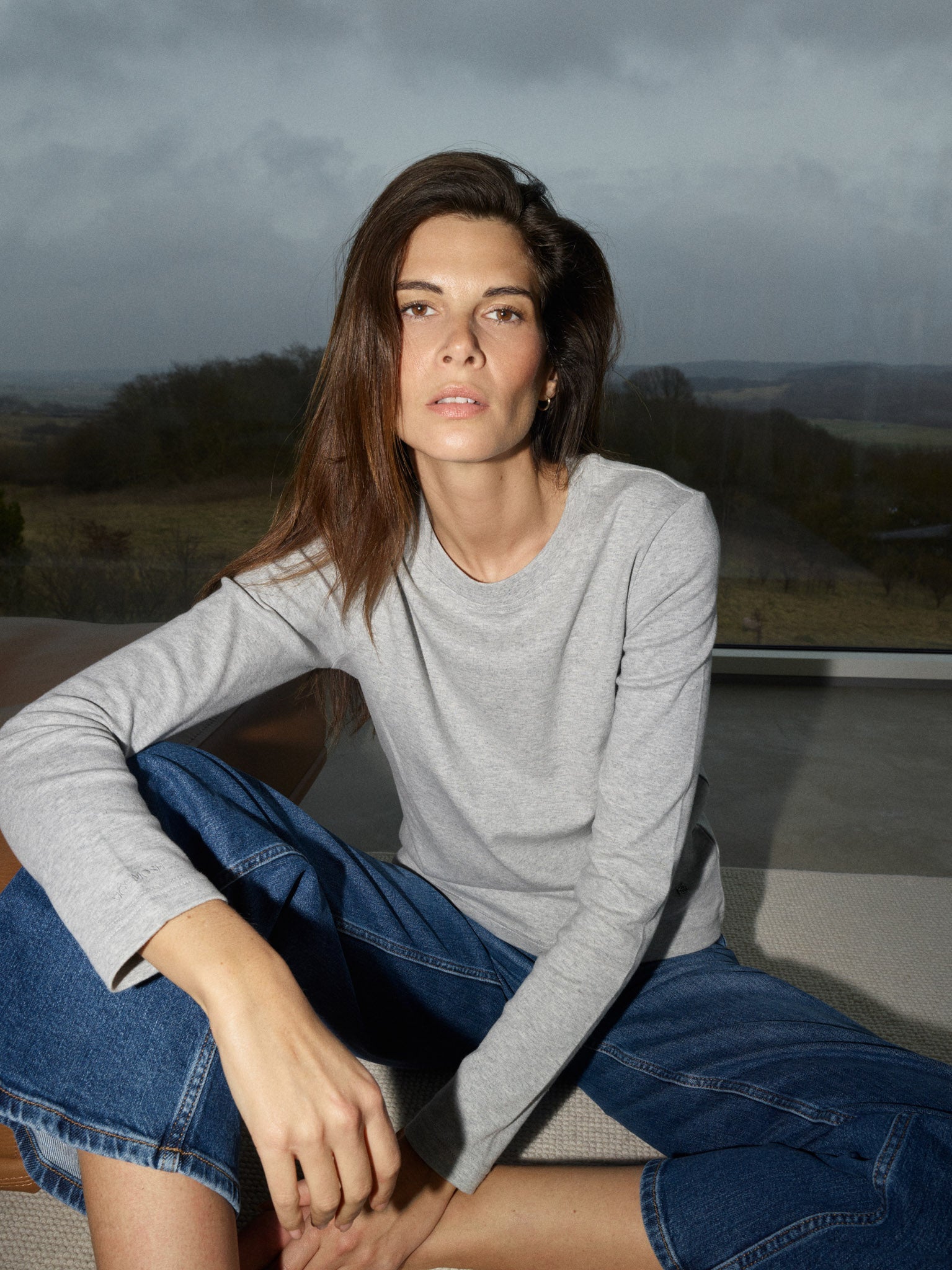 MOS MOSH Millie long-sleeve tee in grey melange with a round neck, worn by a model