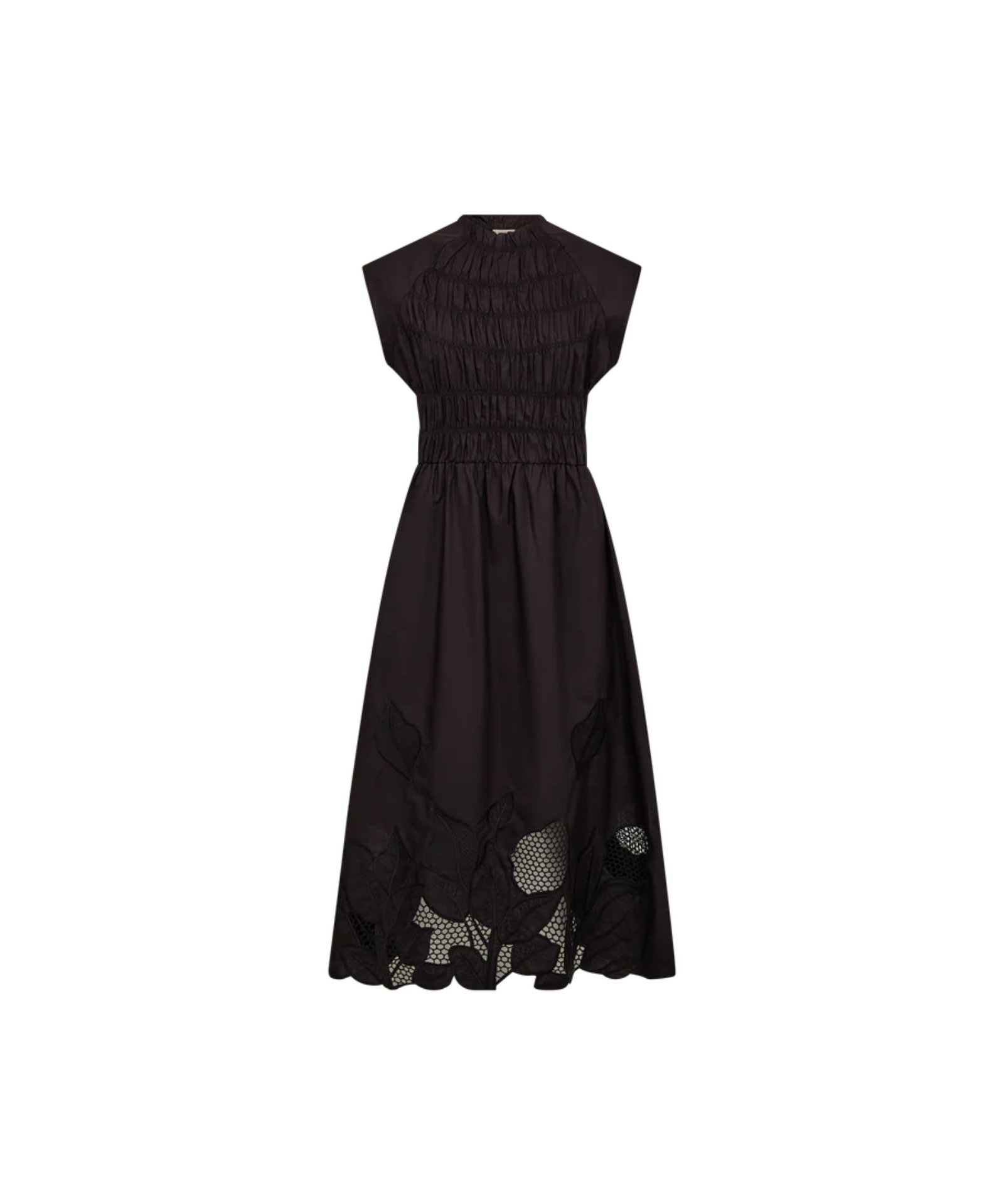 MOS MOSH MMAria Mono black organic cotton dress with sleeveless silhouette and smocked bodice detail.