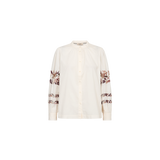 MOS MOSH Notto embroidered shirt in ecru with a band collar and openwork embroidery on the sleeves, front view