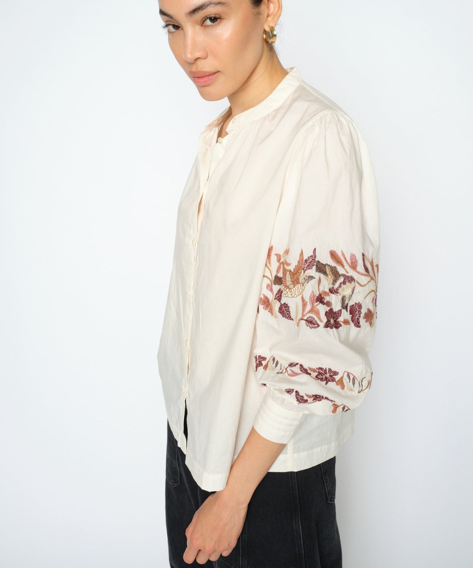 MOS MOSH Notto embroidered shirt in ecru with a band collar and openwork embroidery on the sleeves, worn by a model, front view