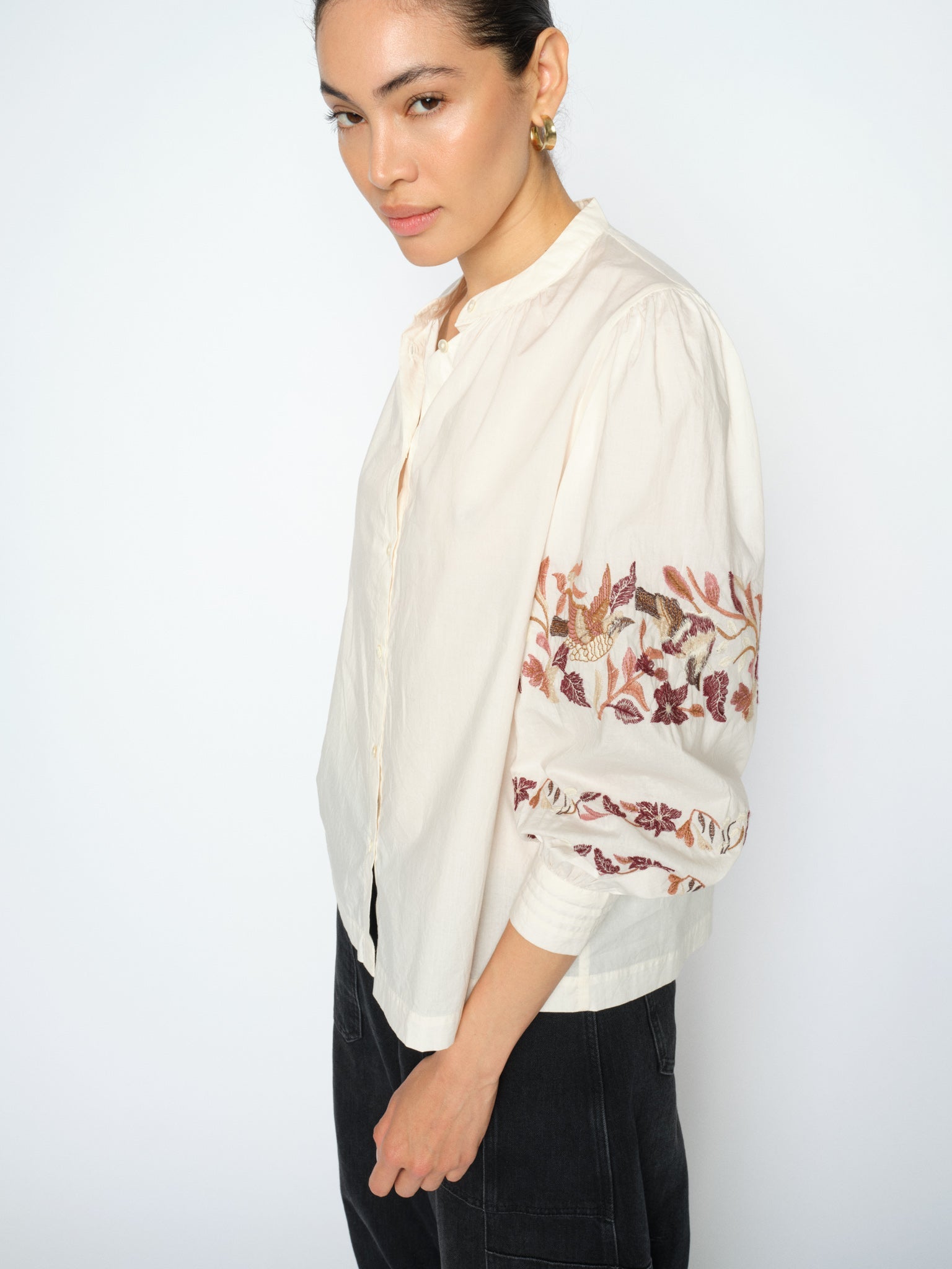 MOS MOSH Notto embroidered shirt in ecru with a band collar and openwork embroidery on the sleeves, worn by a model, front view