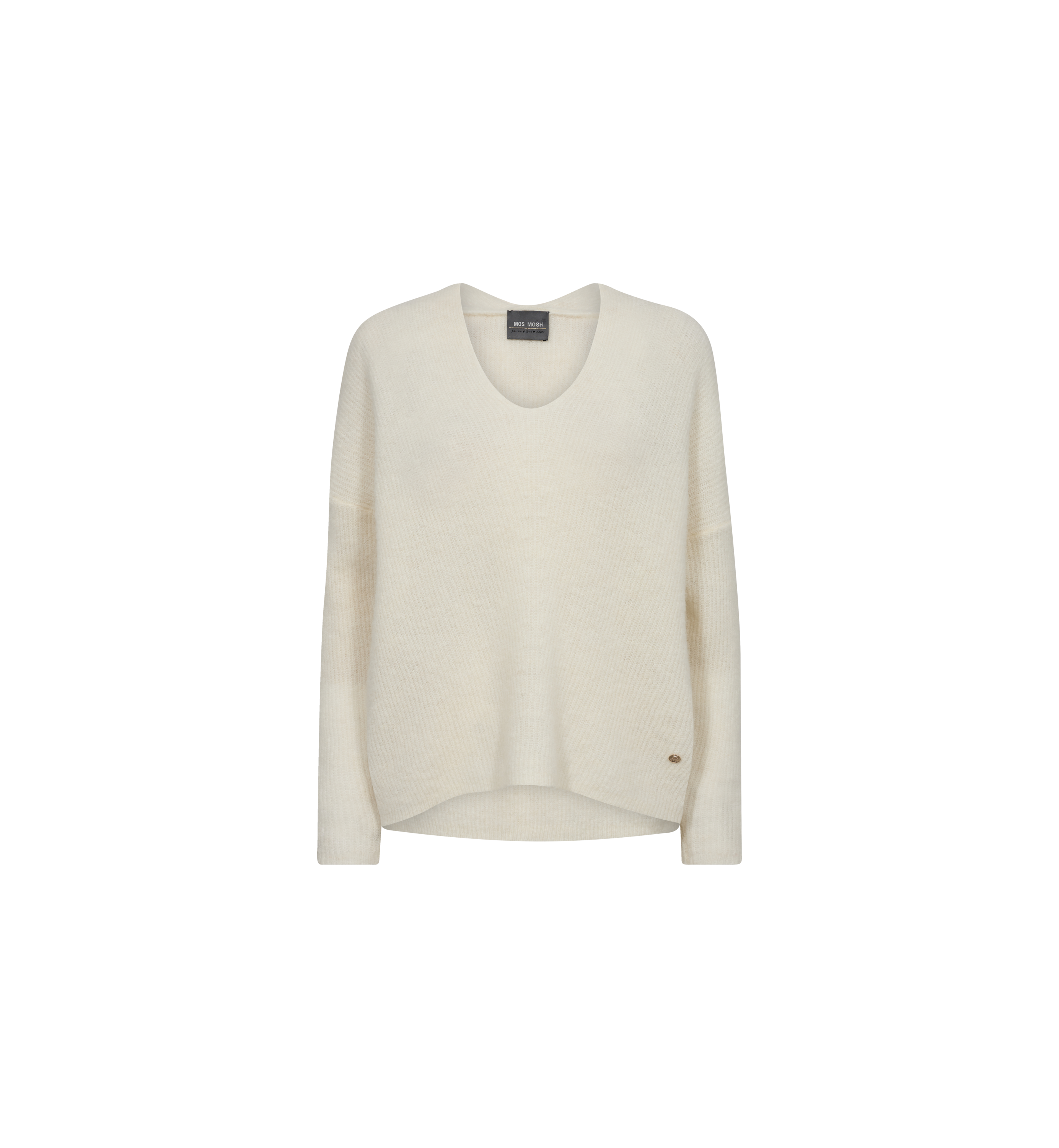 MOS MOSH Thora V-neck jumper in ecru with a fluffy alpaca and wool knit, front view