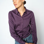 MOS MOSH Tina fitted shirt in Sweet Grape with a classic collar and satin-like drape