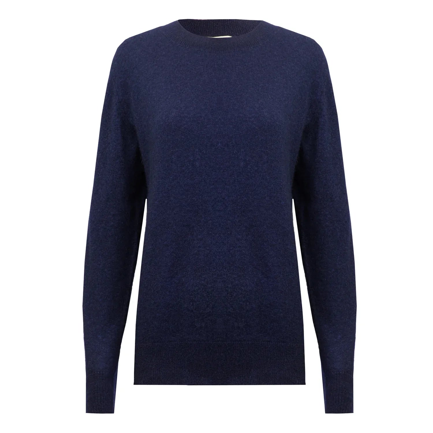 Front view of a Navy Blue Cashmere and Silk Crew Neck Sweater by Nuage Cashmere on a white background.