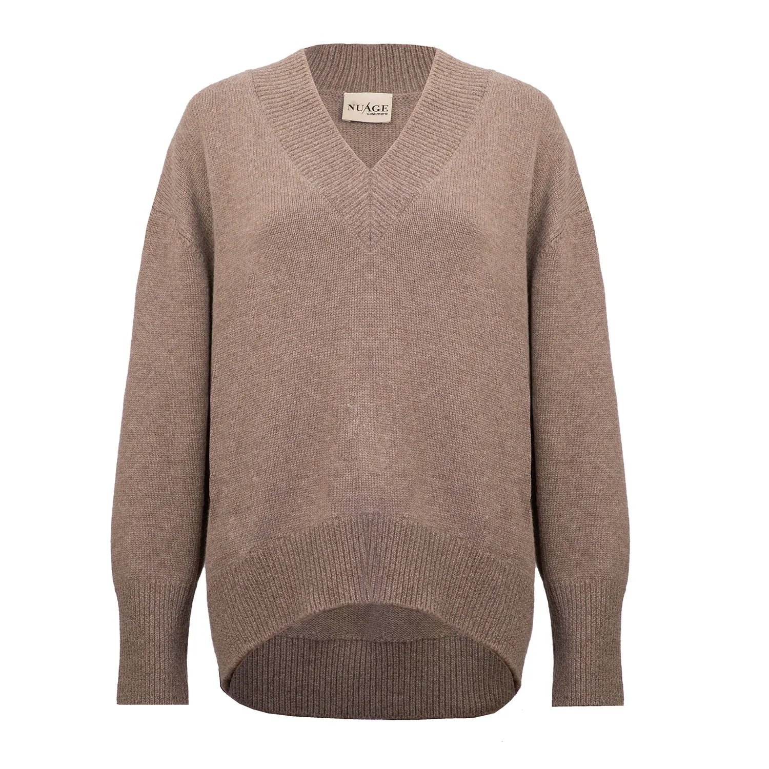 Front view of the Nuage V-neck pullover in natural brown baby cashmere, featuring a distinct ribbed collar and relaxed hem.
