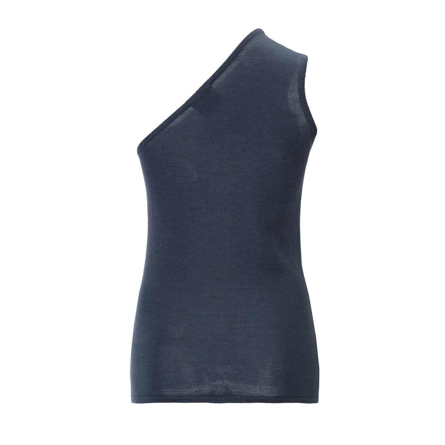 Back view of the sleeveless one-shoulder silk-cashmere top, highlighting the seamless, sleek design