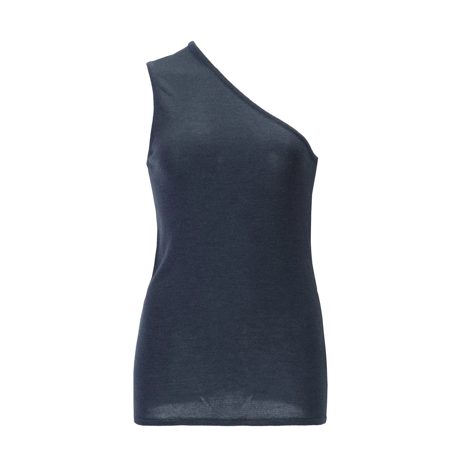 Sleeveless one-shoulder top in anthracite silk-cashmere with a fine-ribbed texture and slim fit.