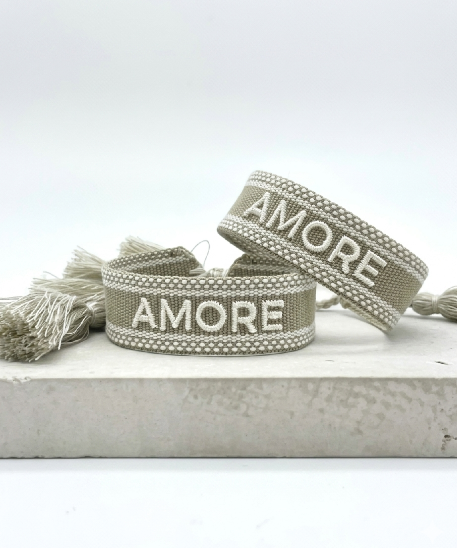 AMORE Statement Woven Bracelet — Khaki by Parsley & Pepper — handwoven embroidered bracelet, front view