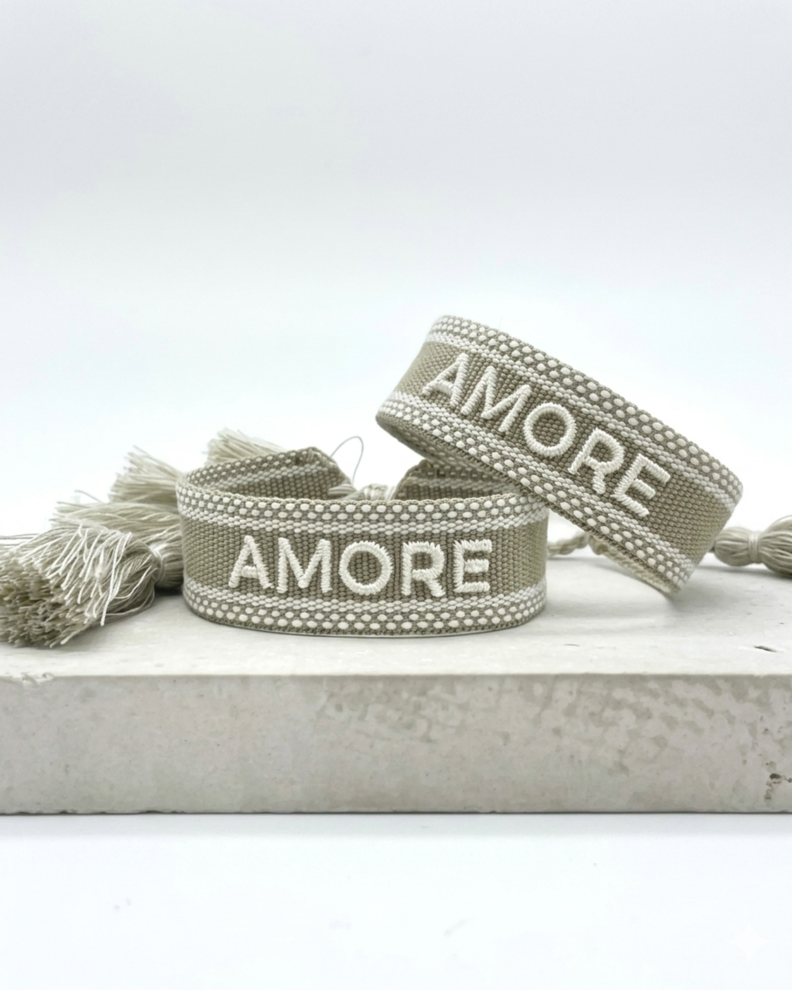 AMORE Statement Woven Bracelet — Khaki by Parsley & Pepper — handwoven embroidered bracelet, front view