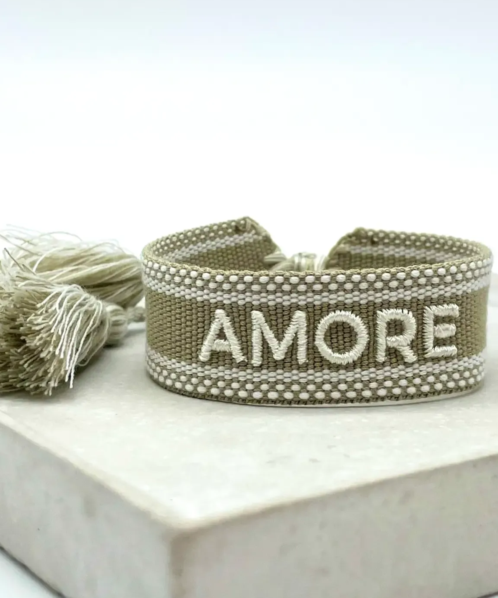 AMORE Statement Woven Bracelet — Khaki by Parsley & Pepper — handwoven embroidered bracelet, view 2