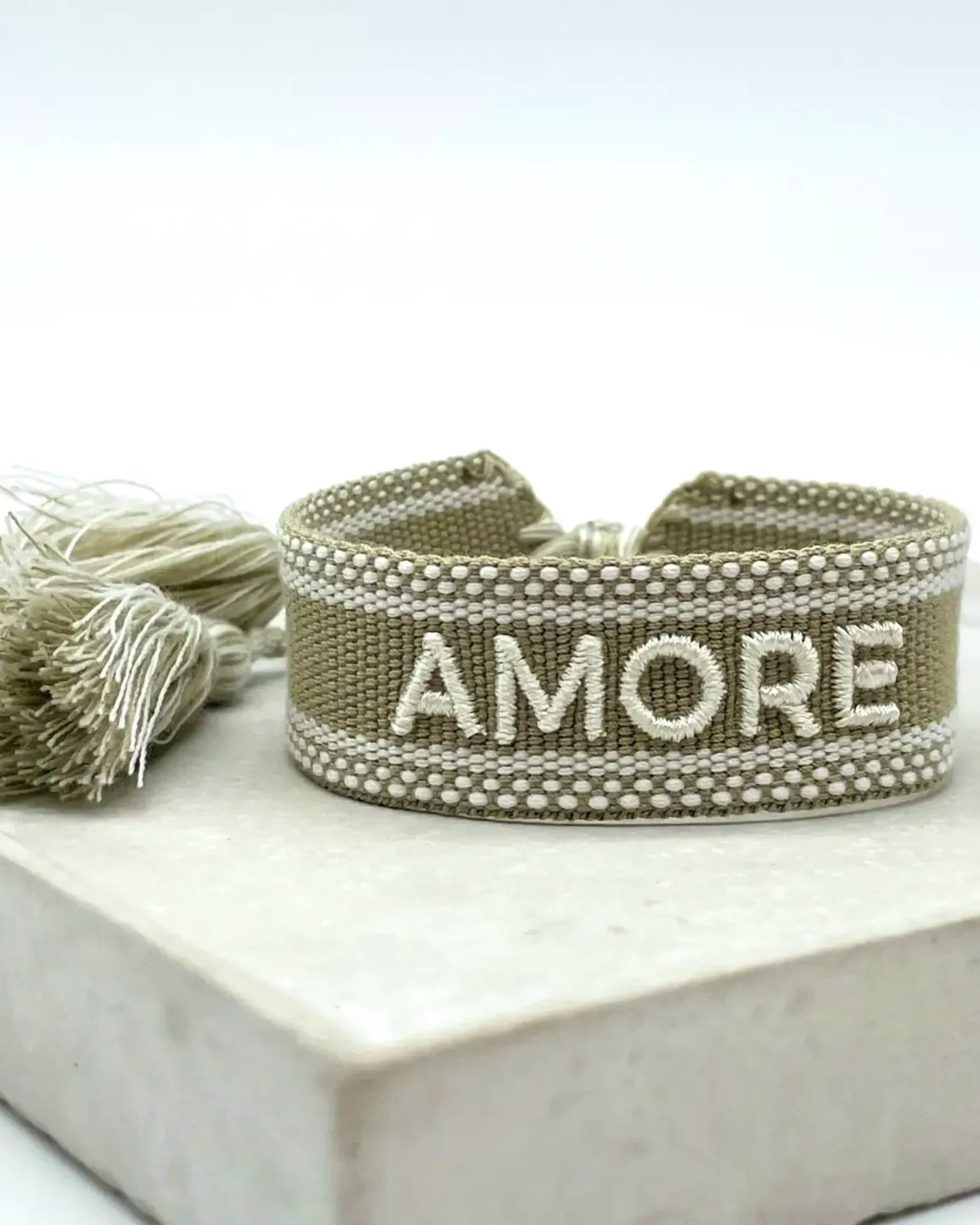 AMORE Statement Woven Bracelet — Khaki by Parsley & Pepper — handwoven embroidered bracelet, view 2