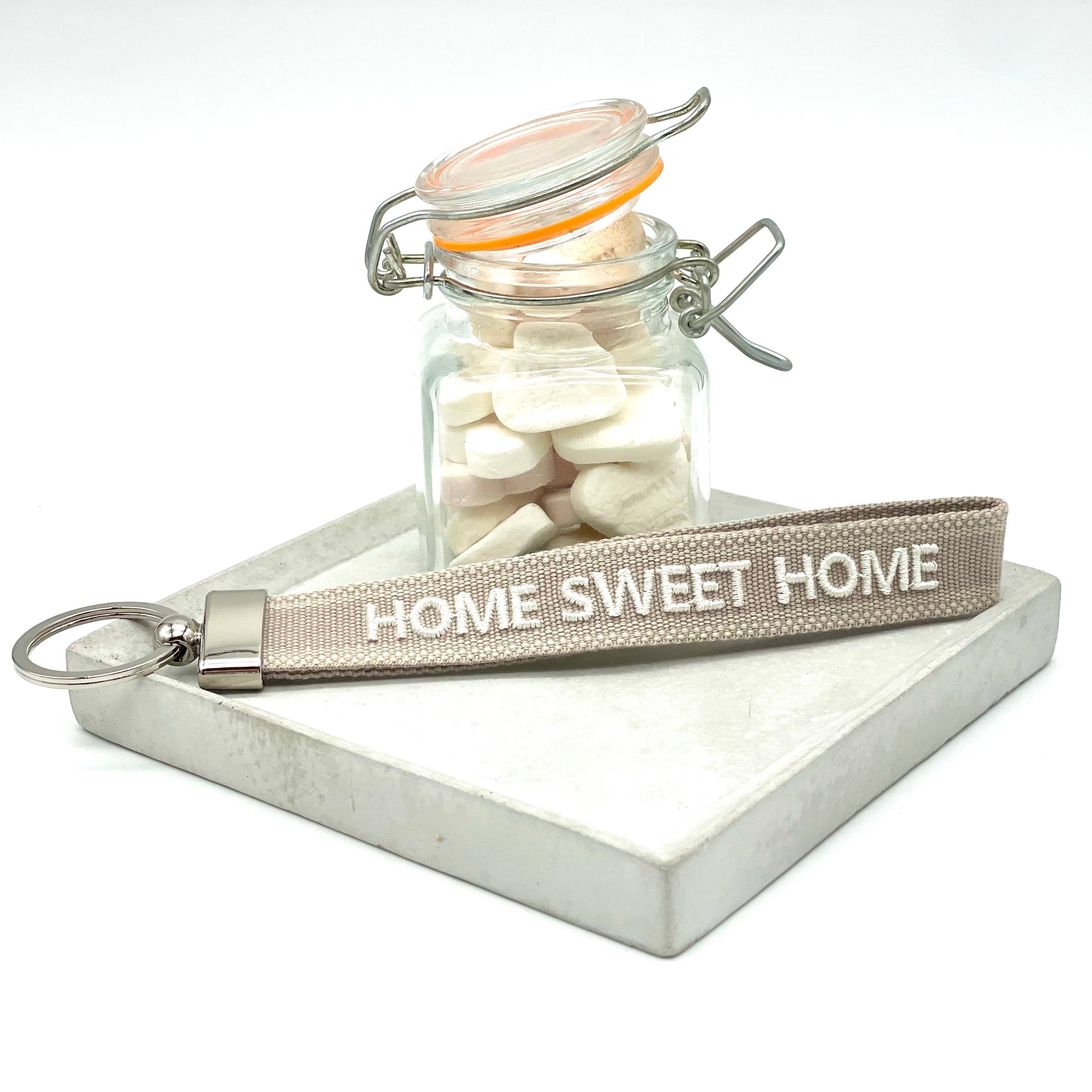 Home Sweet Home Woven Keychain - Light Taupe by Parsley & Pepper — handwoven embroidered keychain, front view