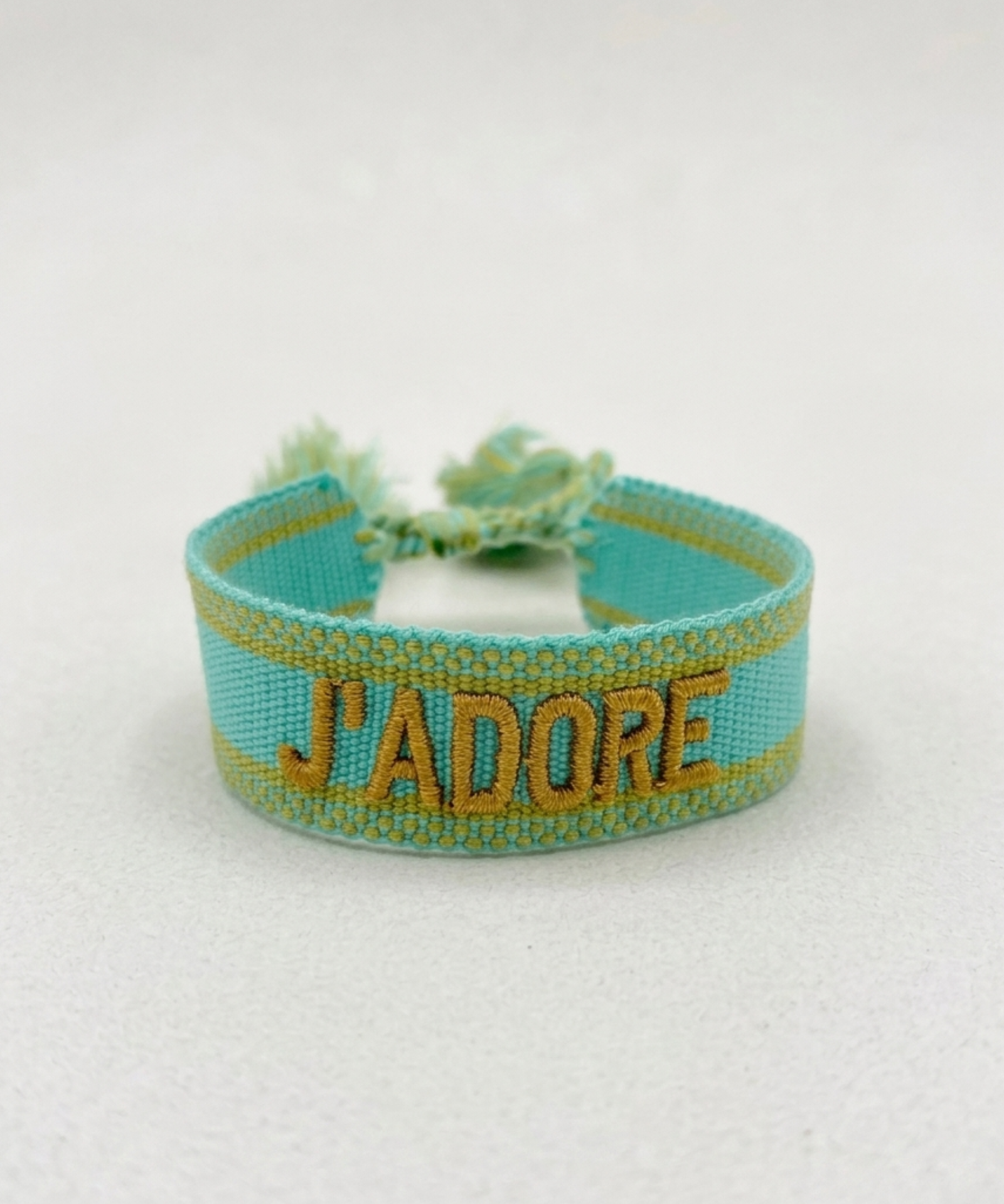 J'ADORE Statement Woven Bracelet — Turquoise & Toffee by Parsley & Pepper — handwoven embroidered bracelet, front view