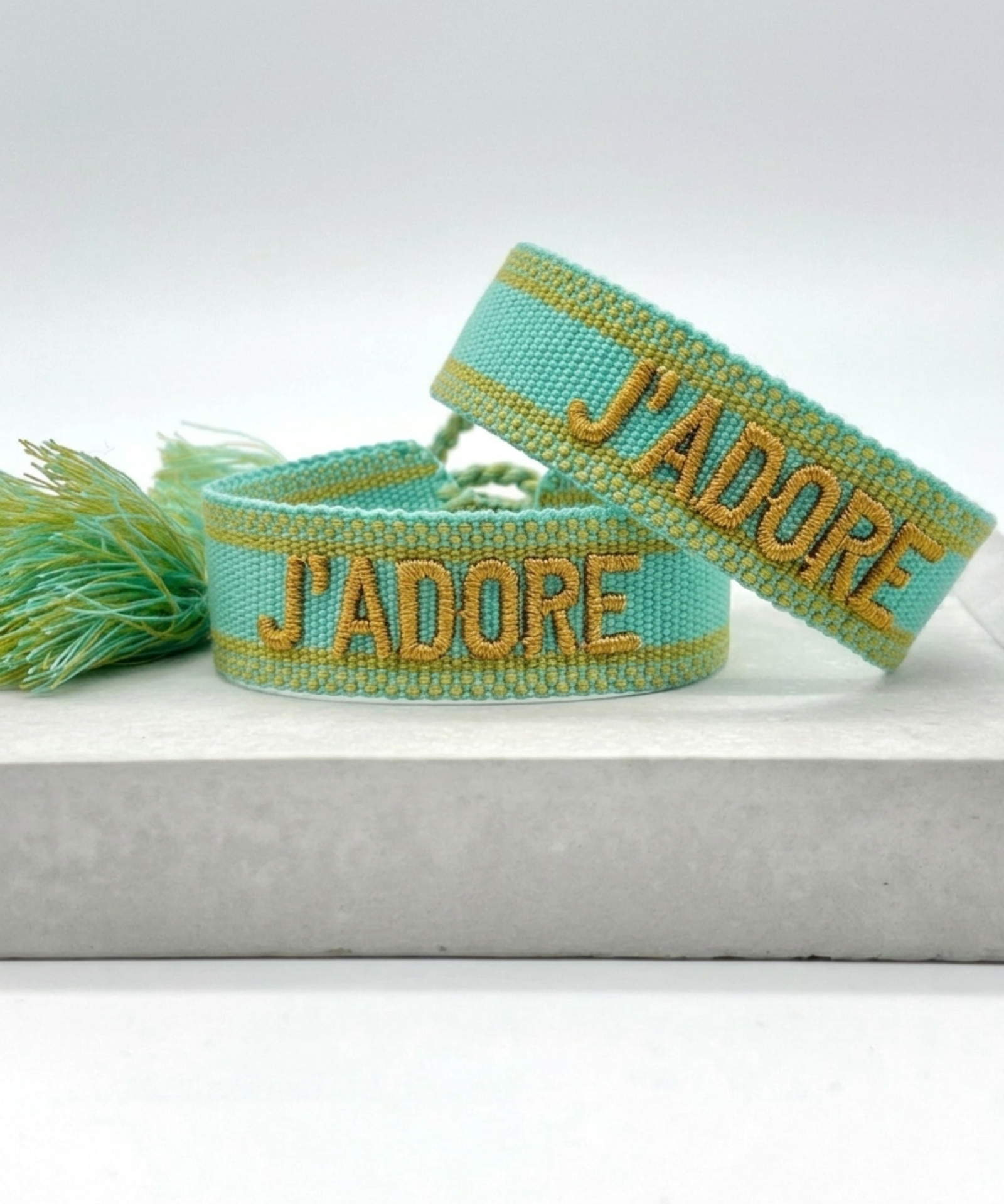 J'ADORE Statement Woven Bracelet — Turquoise & Toffee by Parsley & Pepper — handwoven embroidered bracelet, view 2