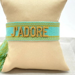 J'ADORE Statement Woven Bracelet — Turquoise & Toffee by Parsley & Pepper — handwoven embroidered bracelet, view 3