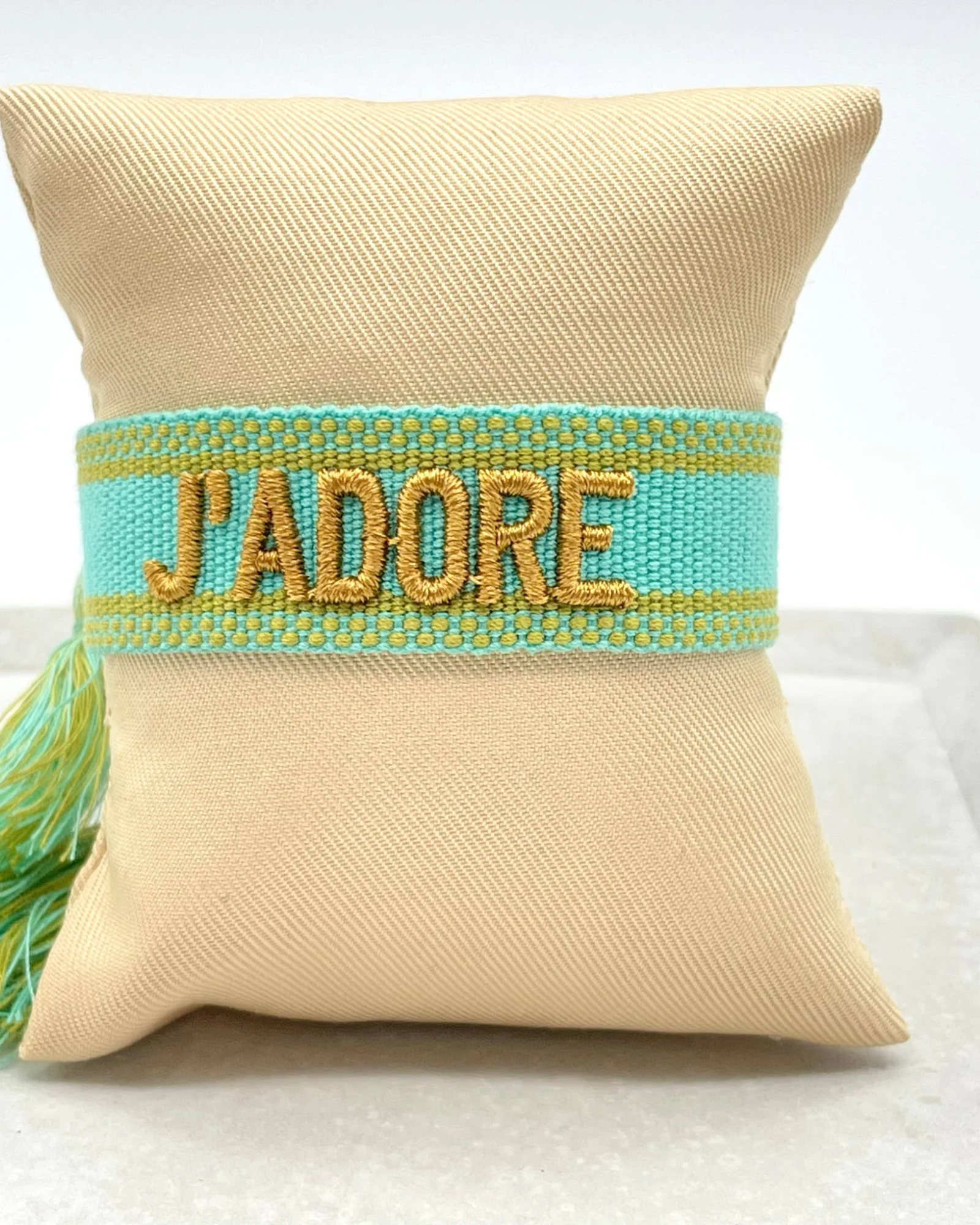 J'ADORE Statement Woven Bracelet — Turquoise & Toffee by Parsley & Pepper — handwoven embroidered bracelet, view 3