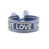 LIVE LOVE SHINE Statement Woven Bracelet — Cornflower Blue by Parsley & Pepper — handwoven embroidered bracelet, front view