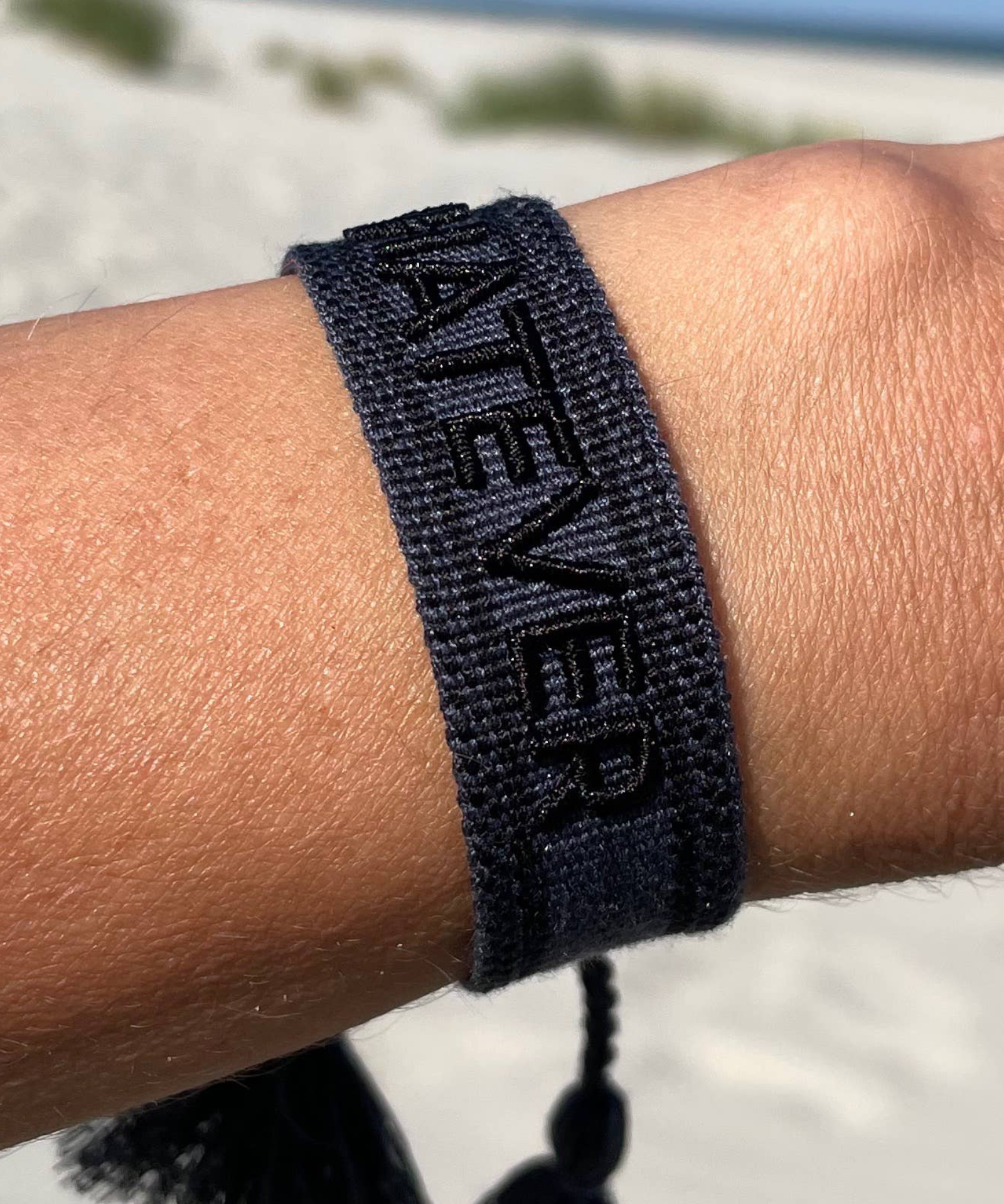 WHATEVER Statement Woven Bracelet — Dark Grey & Black by Parsley & Pepper — handwoven embroidered bracelet, view 2