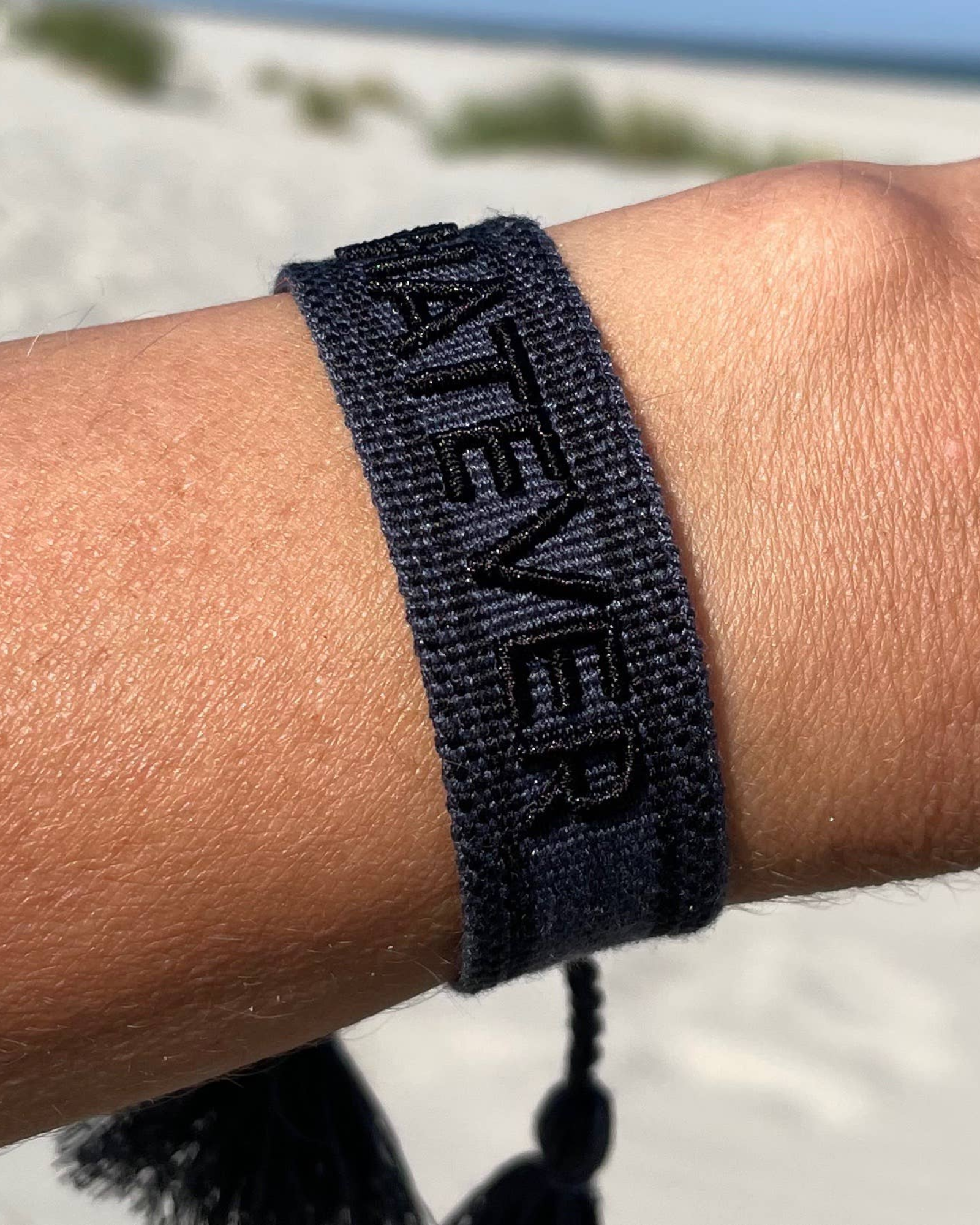 WHATEVER Statement Woven Bracelet — Dark Grey & Black by Parsley & Pepper — handwoven embroidered bracelet, view 2