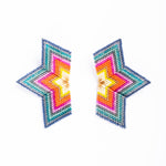 Red and emerald beaded half star earrings, featuring intricate craftsmanship with a dimensional, woven design.