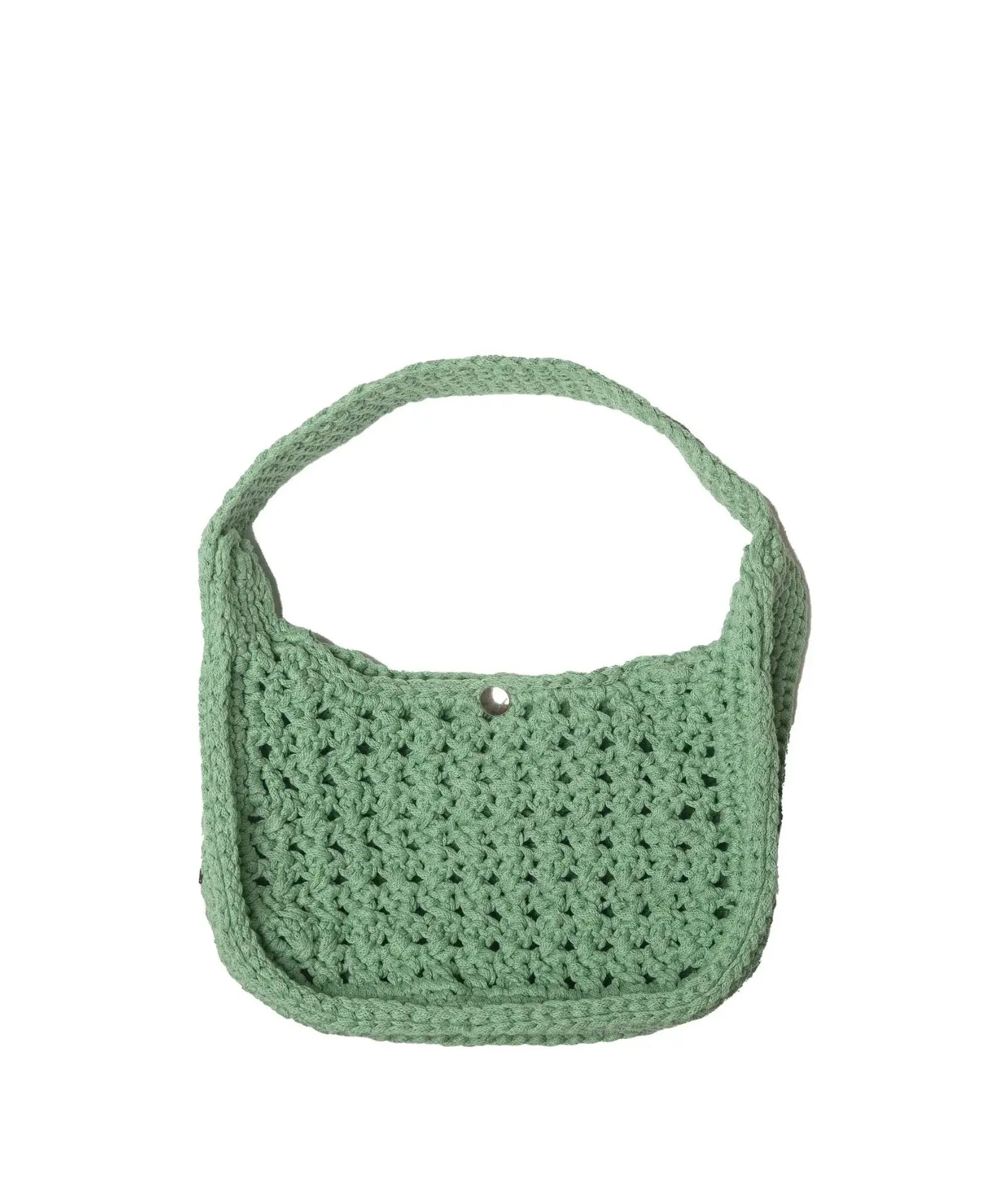Riviera Lili crocheted cotton shoulder bag in sage green, front view on white background — Atelier Bagatelle