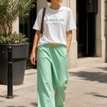 SANDIA Green Striped Cotton Wide-Leg Pants