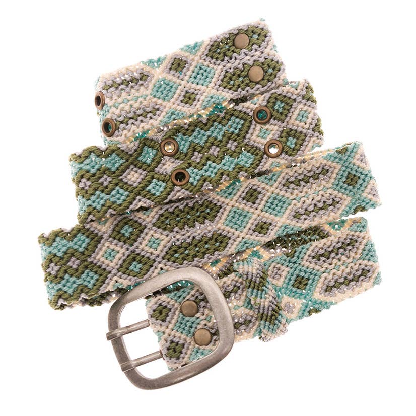 Close-up of the delicate woven details on the Adriana Handwoven Lagoon Belt, showcasing its soft color palette