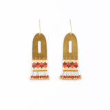 Terracotta Miyuki glass beaded earrings with vibrant color contrast, brass arch, and gold teardrop beads.