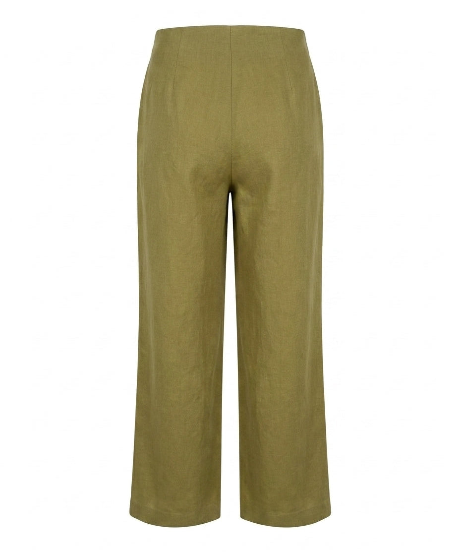 Van Palma Lune wide-leg linen trousers in olive green, back view