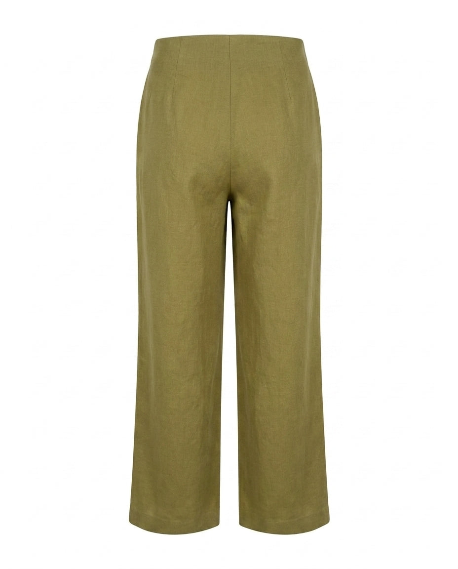 Van Palma Lune wide-leg linen trousers in olive green, back view