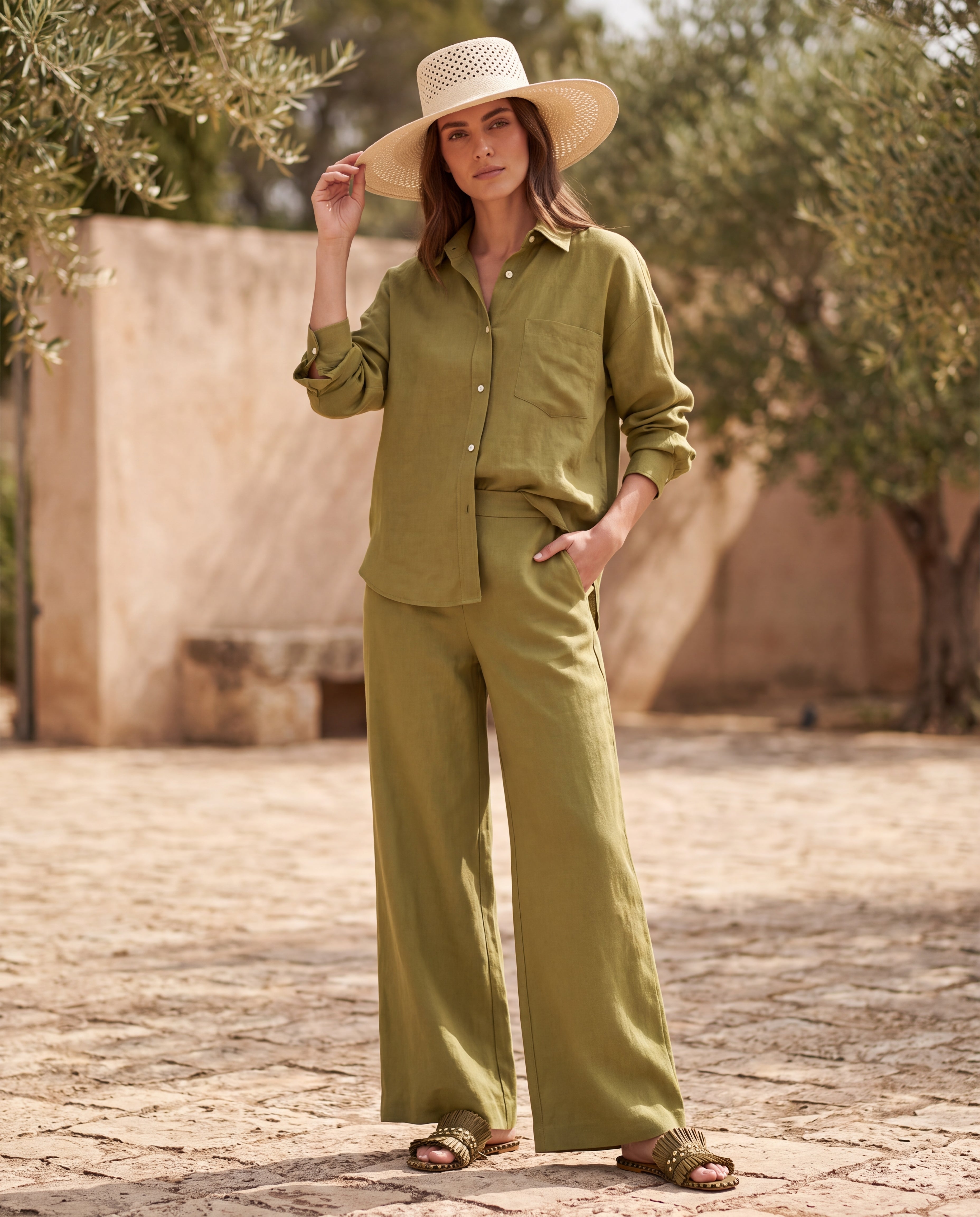 Van Palma Lune wide-leg linen trousers in olive green, worn by a model