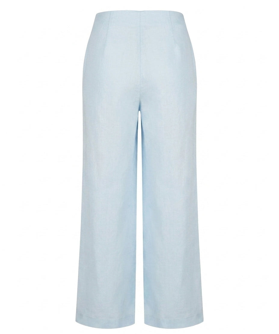 Van Palma Lune wide-leg linen trousers in sky blue, back view