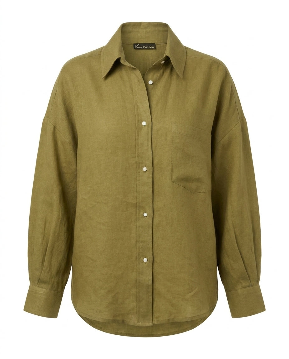 Oversized Linen Shirt – Olive Green – front view