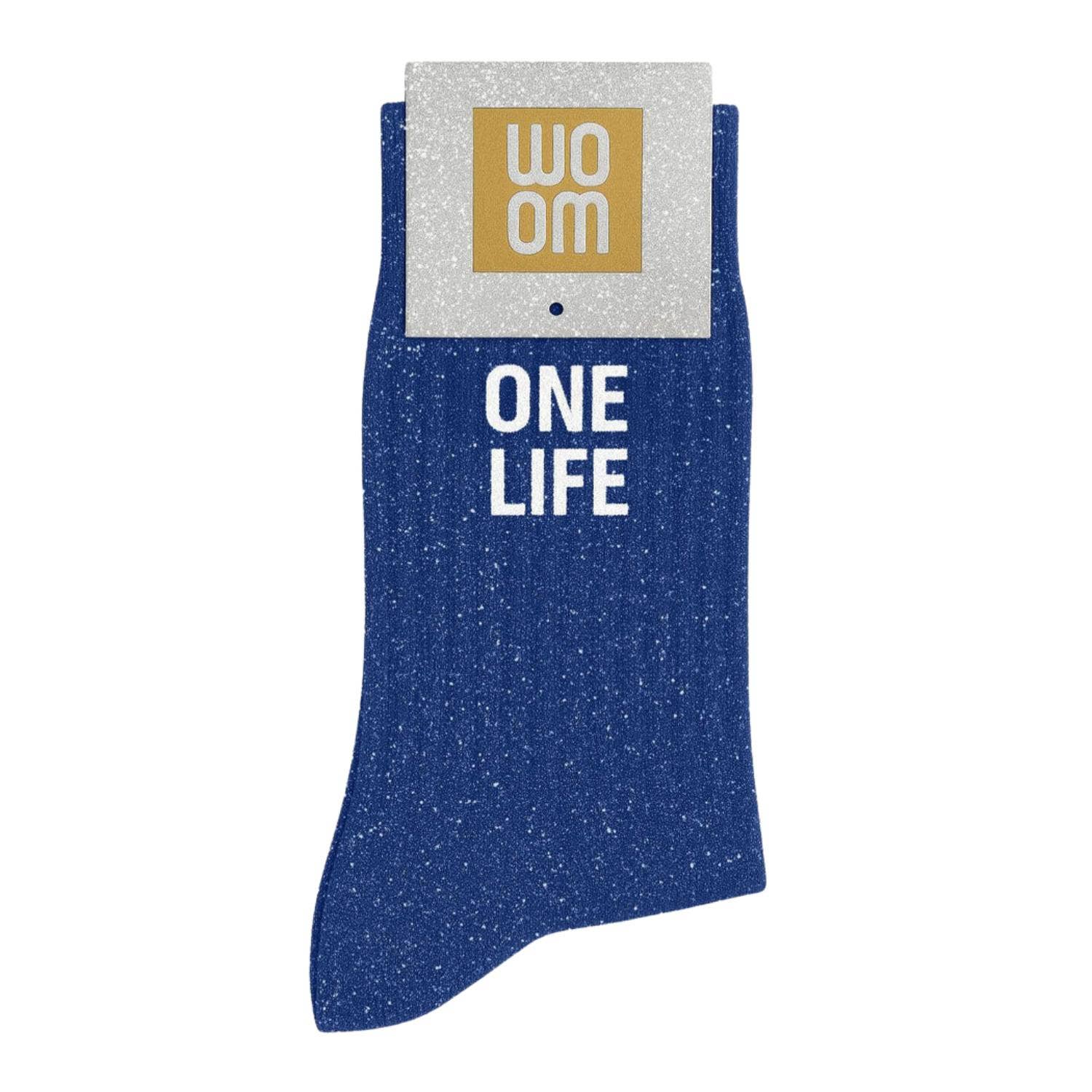Women’s blue glitter socks with ‘One Life’ slogan and sparkly finish.