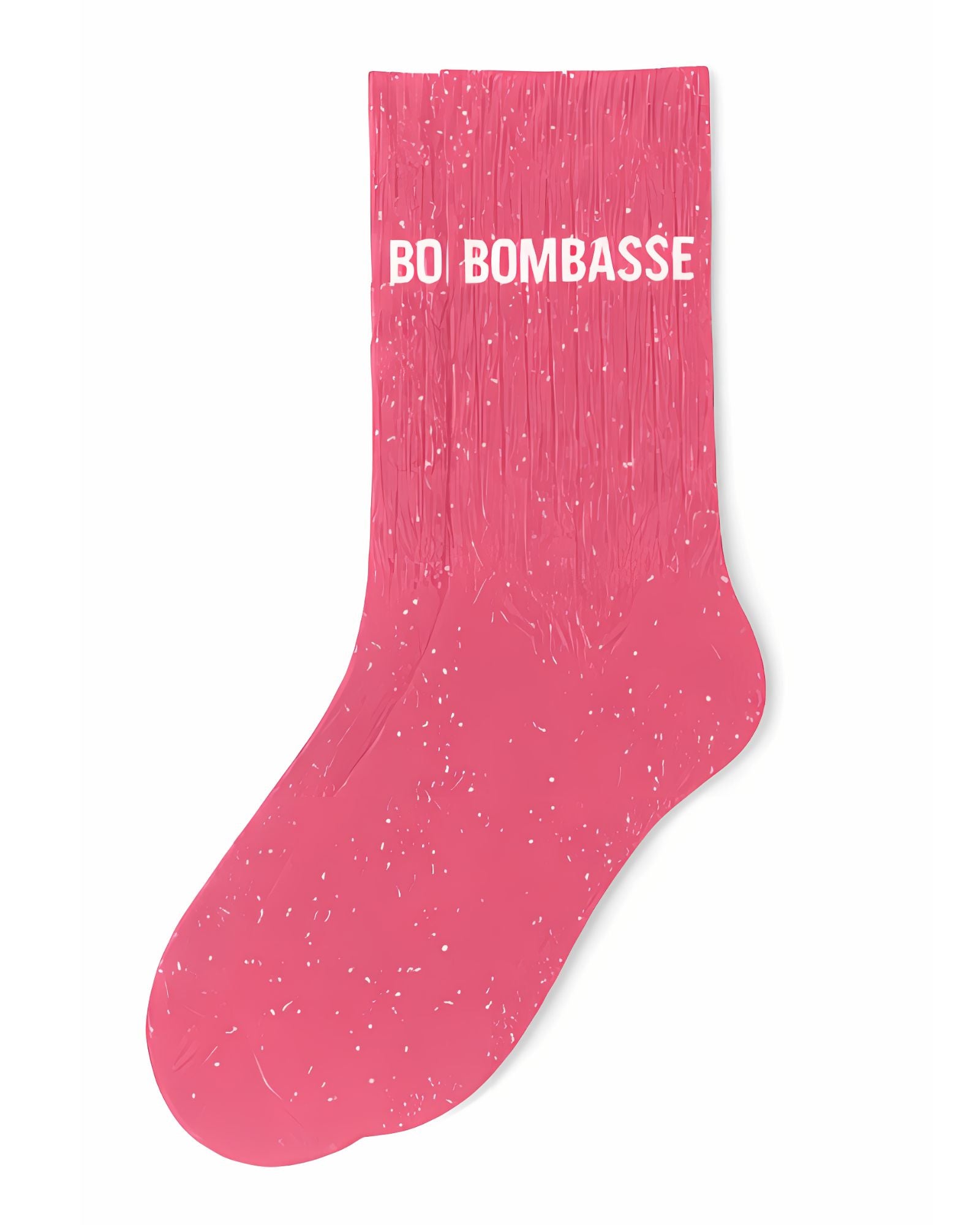 Side profile view of the bubble gum pink glitter sock showing the comfortable elasticated ankle and the bold white BOMBASSE wording detail.
