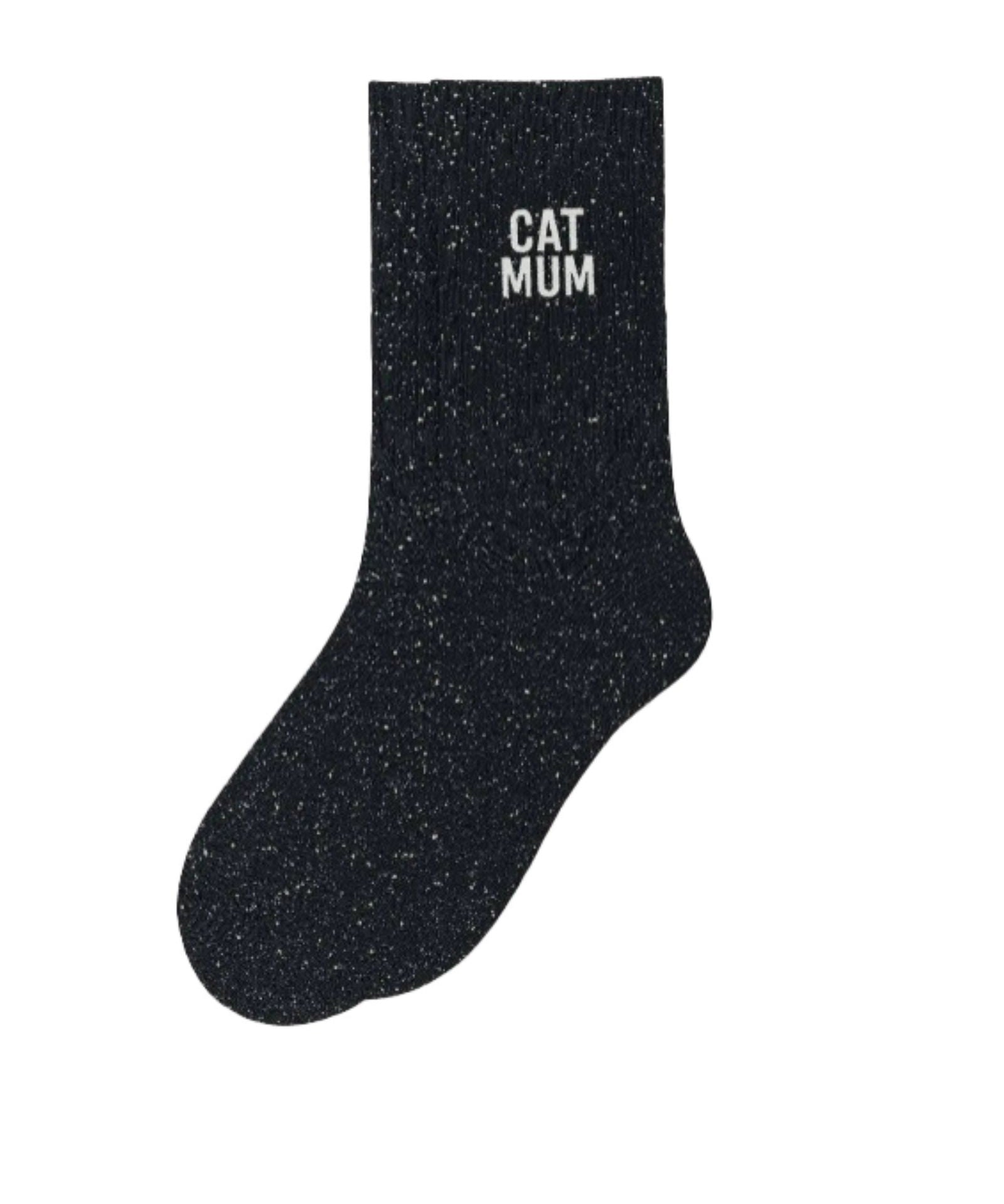 Side profile view of the black glitter sock showing the comfortable elasticated ankle and the clean white CAT MUM wording detail.