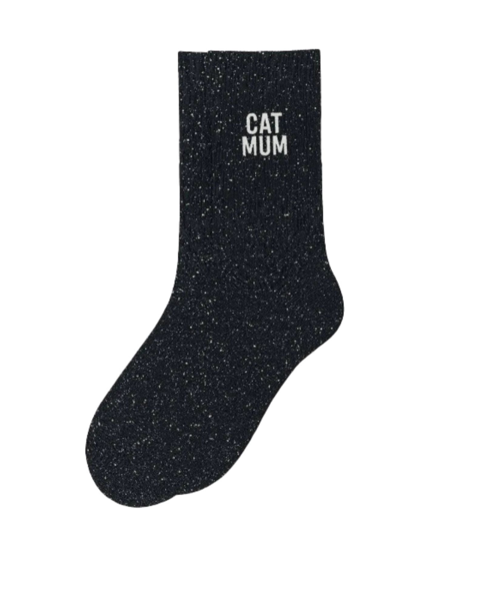 Side profile view of the black glitter sock showing the comfortable elasticated ankle and the clean white CAT MUM wording detail.