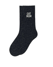 Side profile view of the black glitter sock showing the comfortable elasticated ankle and the clean white CAT MUM wording detail.