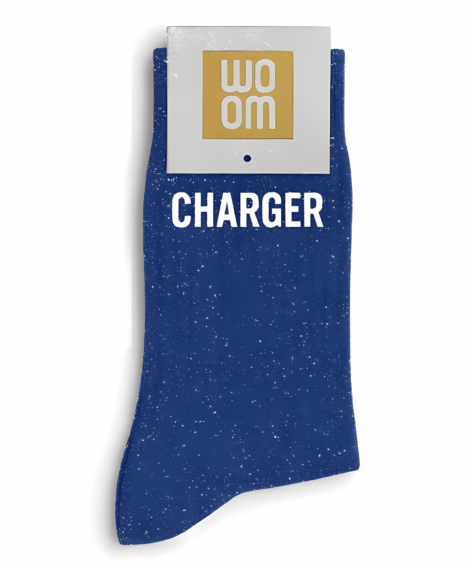 Vibrant blue glitter message socks with a white jacquard CHARGER inscription at the ankle, presented in their original Woom paper packaging.