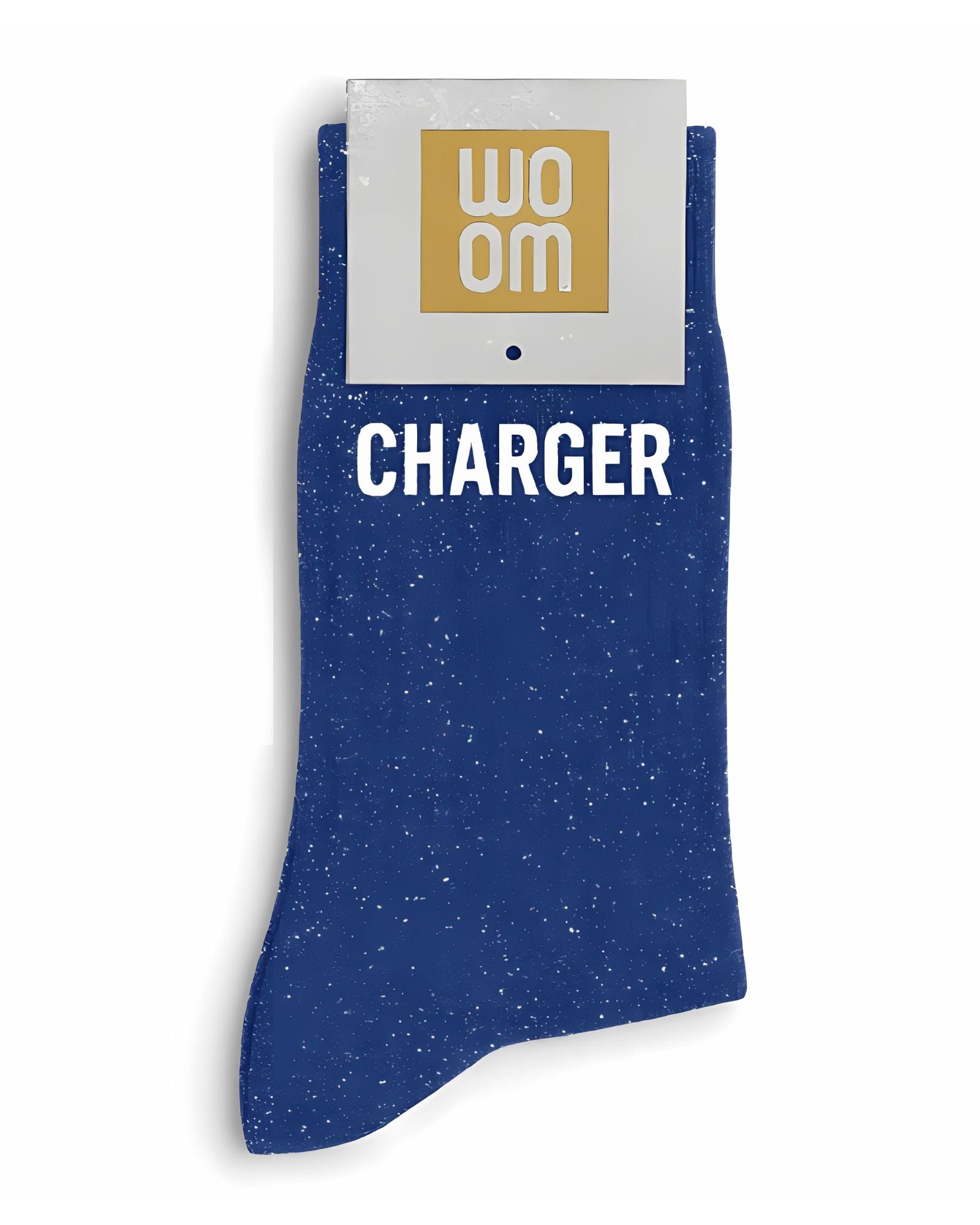 Vibrant blue glitter message socks with a white jacquard CHARGER inscription at the ankle, presented in their original Woom paper packaging.