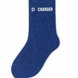 Side profile view of the blue glitter sock showing the comfortable elasticated ankle and the bold white CHARGER wording detail.
